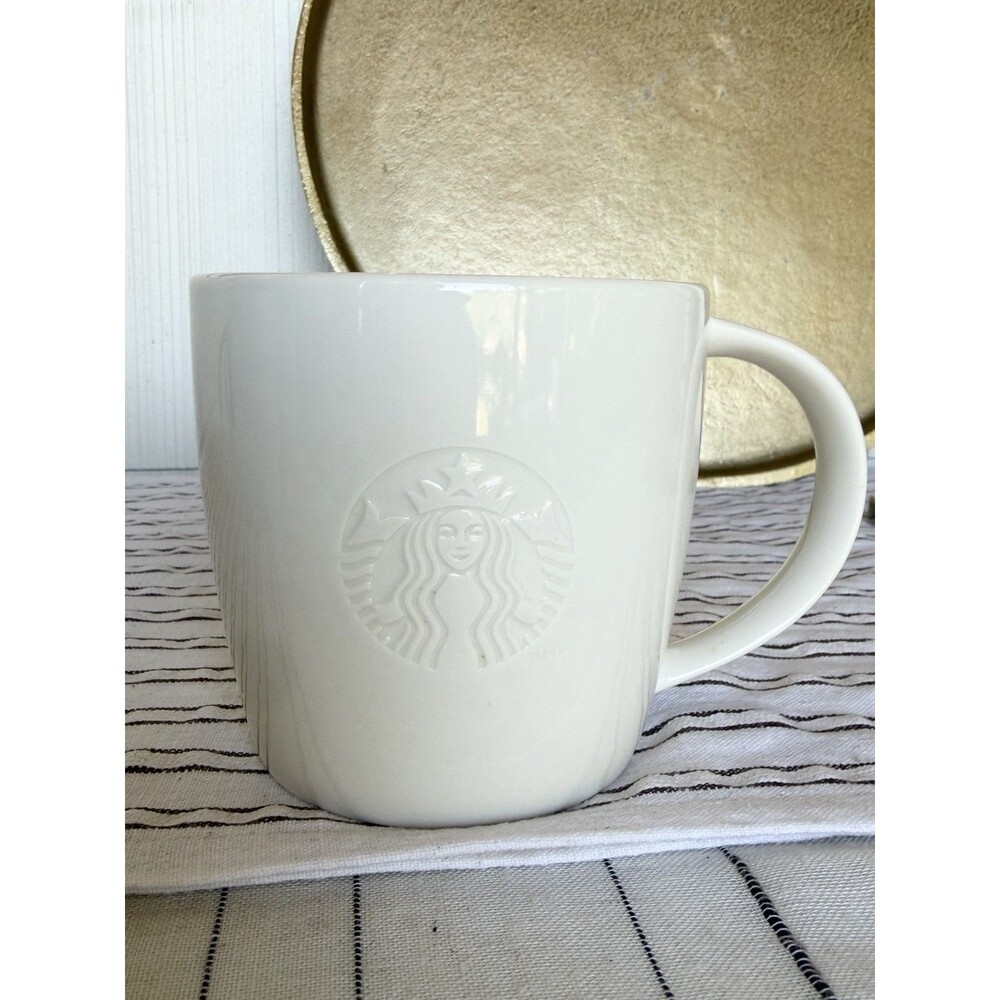Starbucks 2010 Venti V Handle White Embossed Siren Large Coffee Mug 20oz